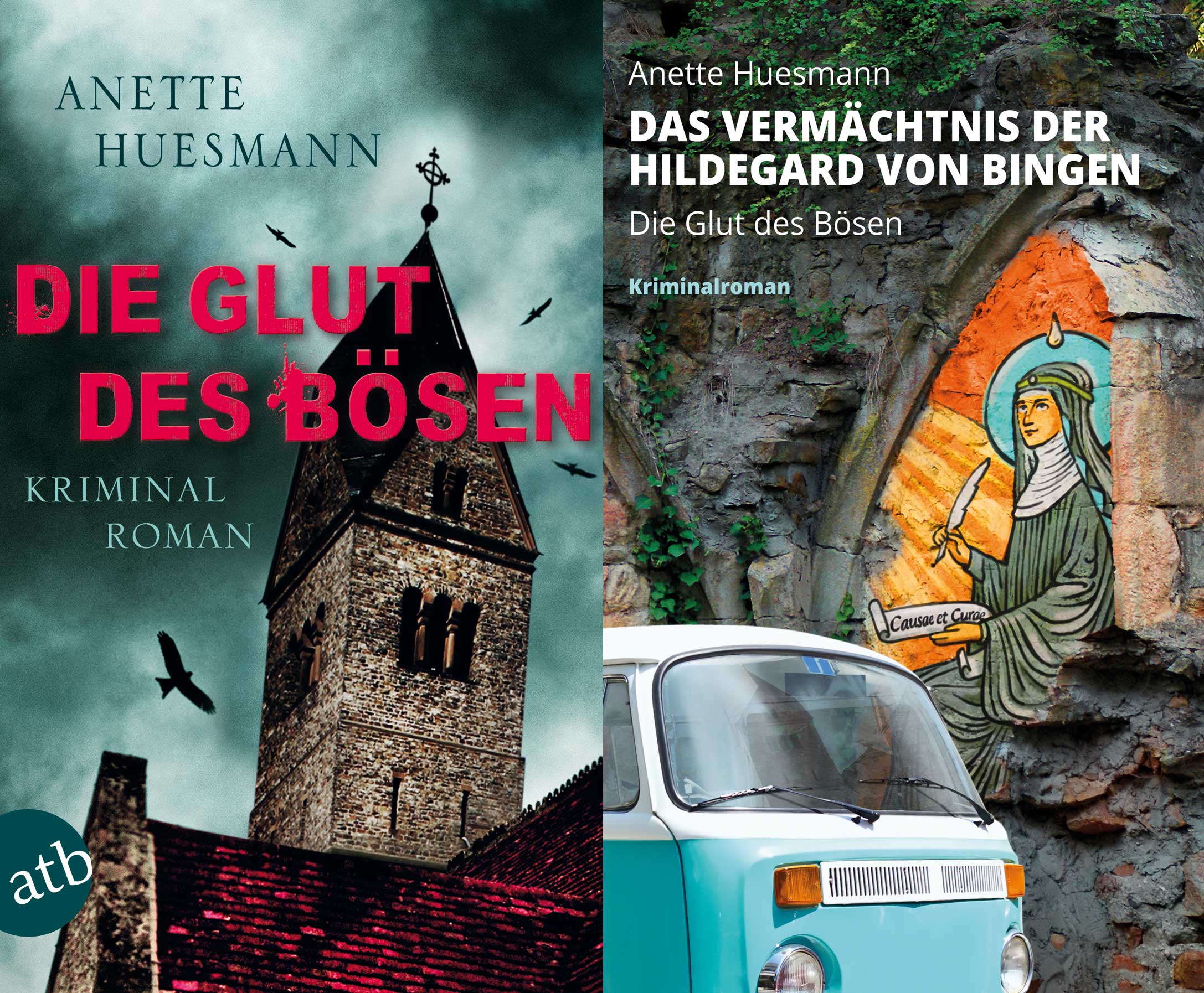Das alte Cover des Krimis "Das Vermächtnis der Hildegard von Bingen" im Vergleich zum neuen Cover